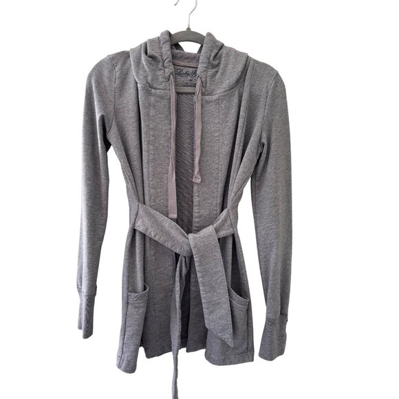 Lucky Brand Cozy Grey Hooded Wrap Cardigan With Tie Waist & Side Pockets - Picture 2 of 13